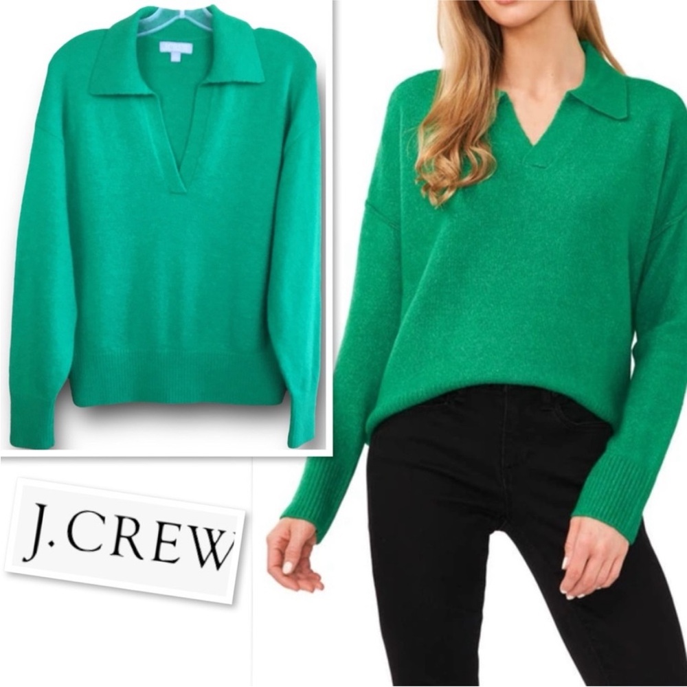 J. Crew Women's Emerald Green V-Neck Merino Wool / Alpaca Collared Sweater XS